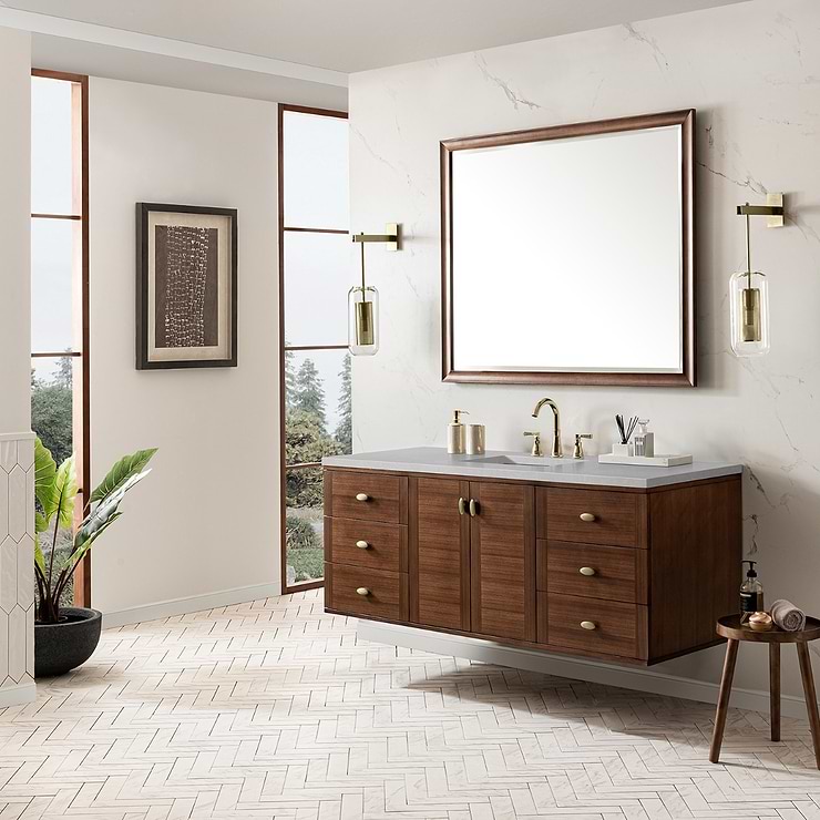 James Martin Vanities Amberly Mid-Century Walnut 60" Single Vanity with Eternal Serena Quartz Top