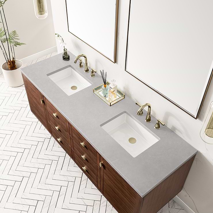 James Martin Vanities Amberly Mid-Century Walnut 72" Double Vanity with Eternal Serena Quartz Top