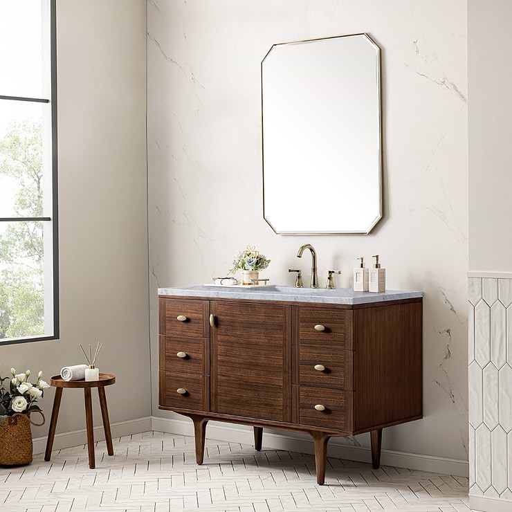 James Martin Vanities Amberly Mid-Century Walnut 48" Single Vanity with Carrara Marble Top