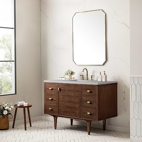 James Martin Vanities Amberly Mid-Century Walnut 48" Single Vanity with Eternal Serena Quartz Top