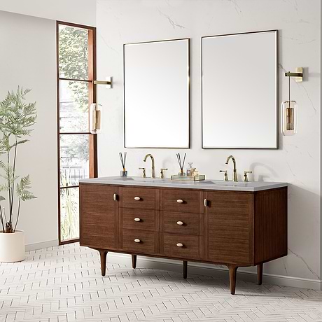 James Martin Vanities Amberly Mid-Century Walnut 72" Double Vanity with Eternal Serena Quartz Top