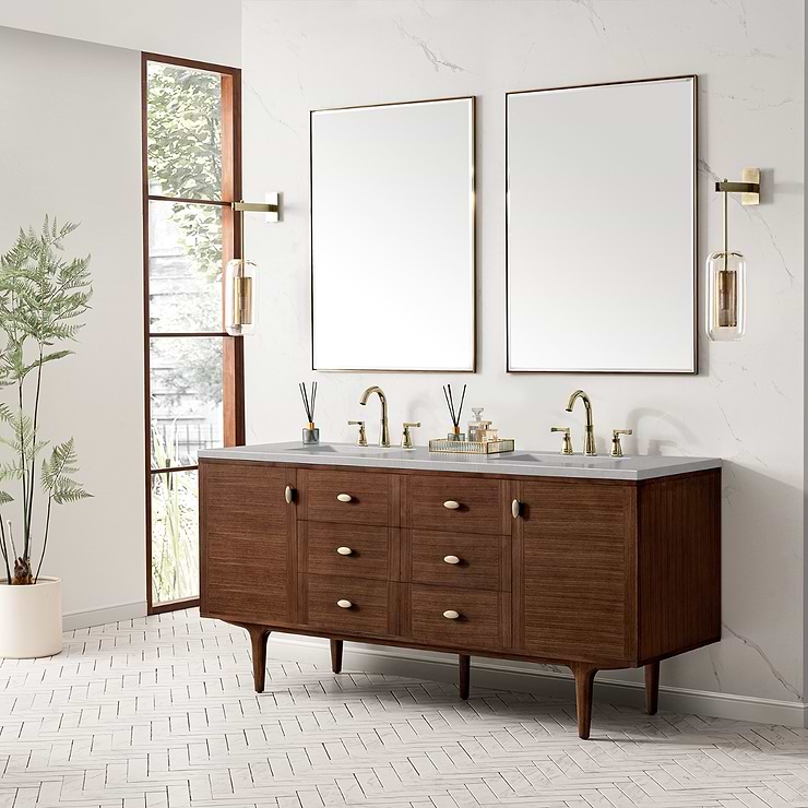 James Martin Vanities Amberly Mid-Century Walnut 72" Double Vanity with Eternal Serena Quartz Top