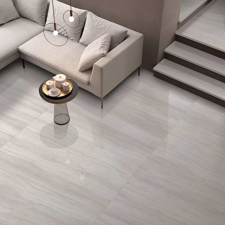 Nashville White 24x48 Travertine Look Polished Porcelain Tile