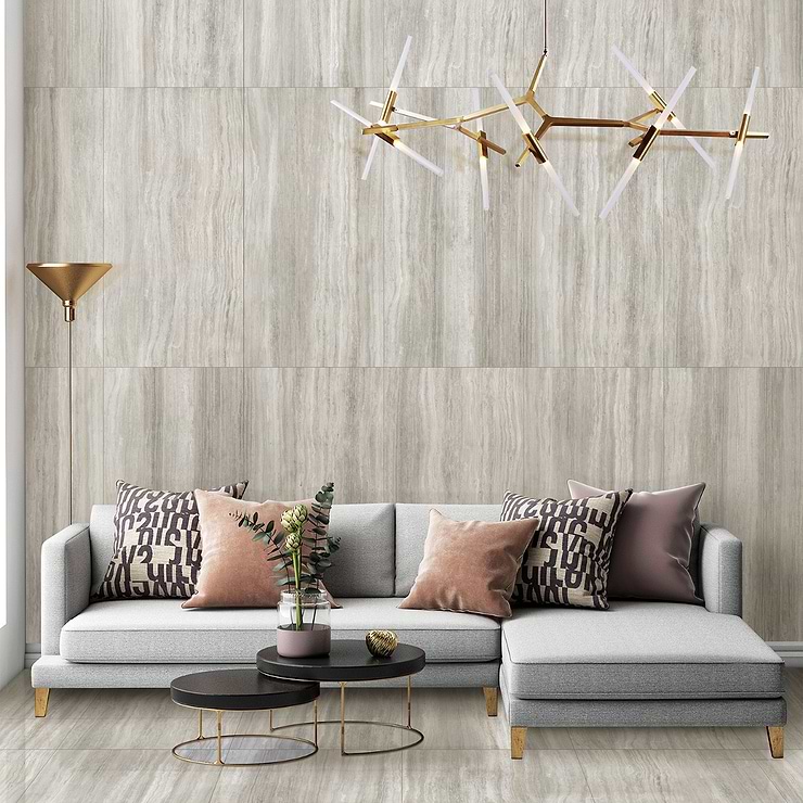 Nashville Gray 24x48 Travertine Look Polished Porcelain Tile