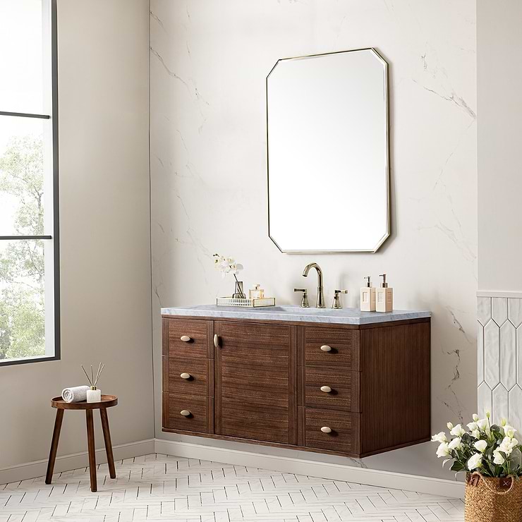 James Martin Vanities Amberly Mid-Century Walnut 48" Single Vanity with Carrara Marble Top