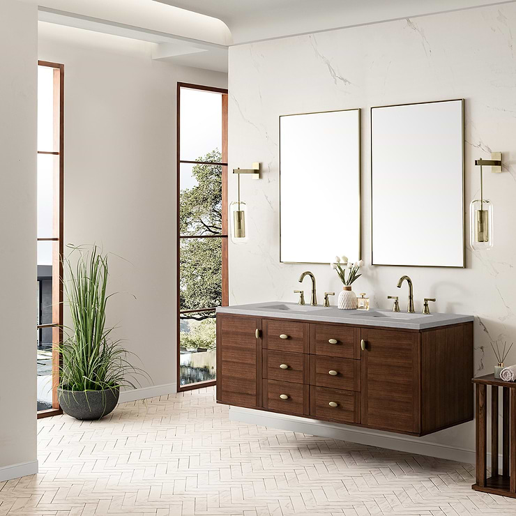 James Martin Vanities Amberly Mid-Century Walnut 60" Double Vanity with Eternal Serena Quartz Top