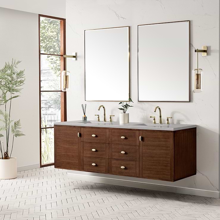 James Martin Vanities Amberly Mid-Century Walnut 72" Double Vanity with Eternal Serena Quartz Top