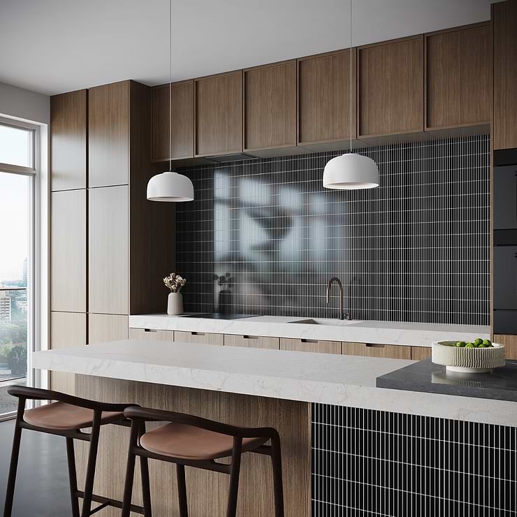 Kai Black 1x4" Tri-Stacked Glossy Porcelain Mosaic Tile