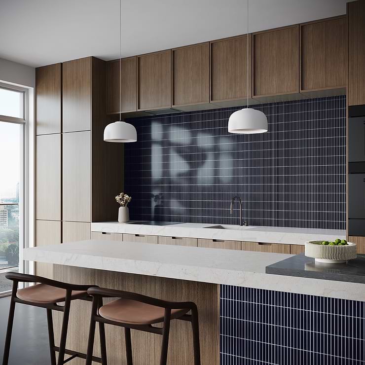 Kai Royal Blue 1x4" Tri-Stacked Crackled Glossy Porcelain Mosaic Tile