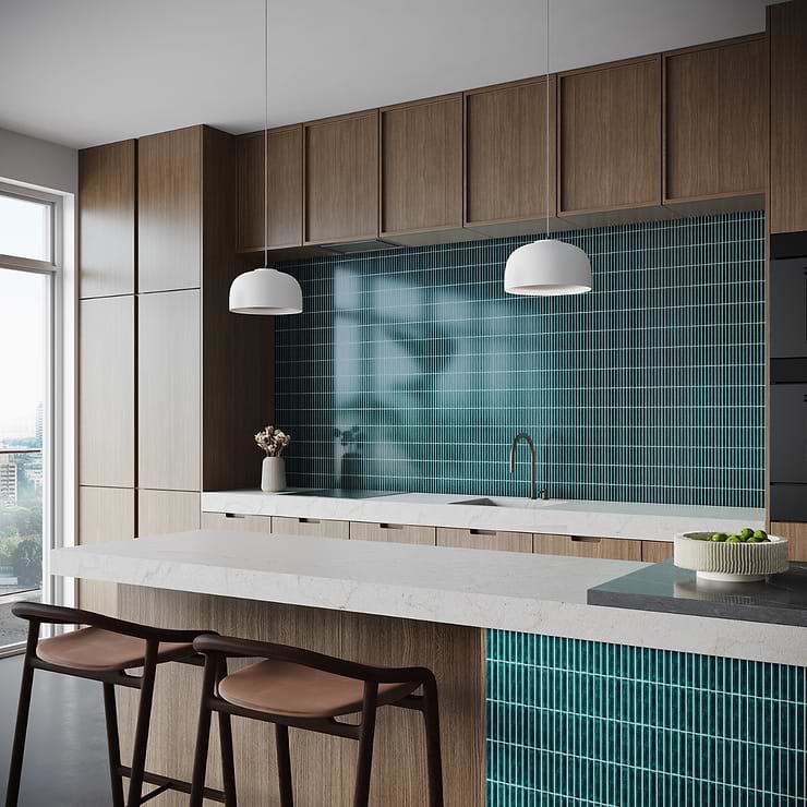 Kai Teal 1x4" Tri-Stacked Crackled Glossy Porcelain Mosaic Tile