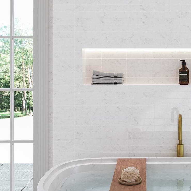 Brushed Stone Carrara White 2x8 Brushed Marble Subway Tile