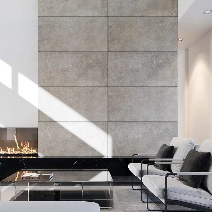 Whitney Cemento Gray and Gold Line 24x48 Artisan Decor Matte Porcelain Wall Tile
