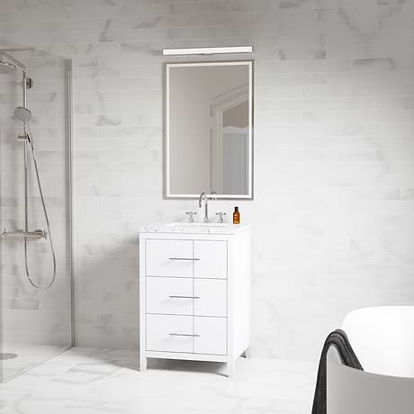 Iconic 24" White and Silver Vanity with Carrara Marble Top and Ceramic Basin