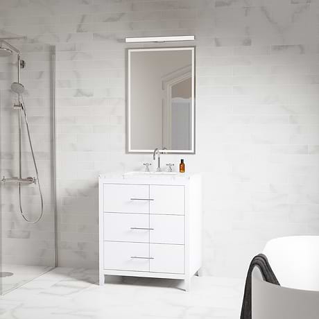 Iconic 30" White and Silver Vanity with Carrara Marble Top and Ceramic Basin