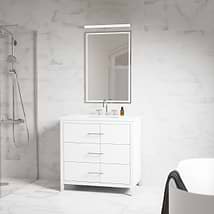 Iconic 36" White and Silver Vanity with Pure White Quartz Top and Ceramic Basin