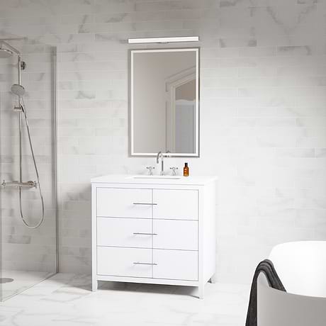 Iconic 36" White and Silver Vanity with Pure White Quartz Top and Ceramic Basin