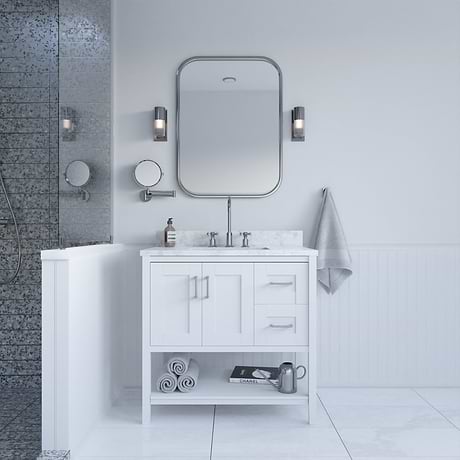 Sheraton 36" White Vanity with Carrara Marble Top and Ceramic Basin