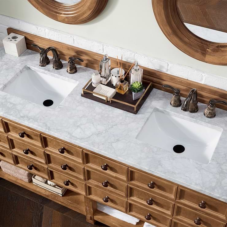 James Martin Vanities Malibu 72" Honey Alder Vanity and Carrara Marble Counter