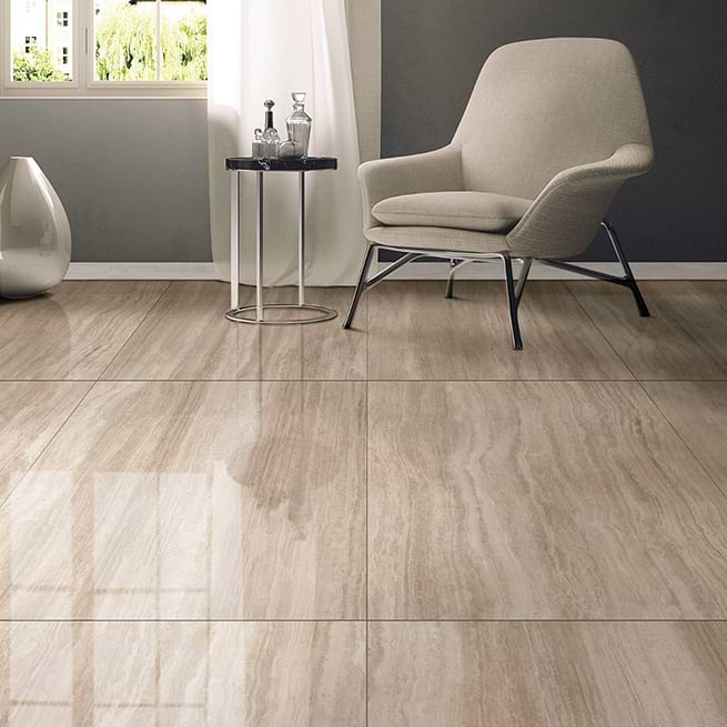 Natural travertine look in porcelain tile