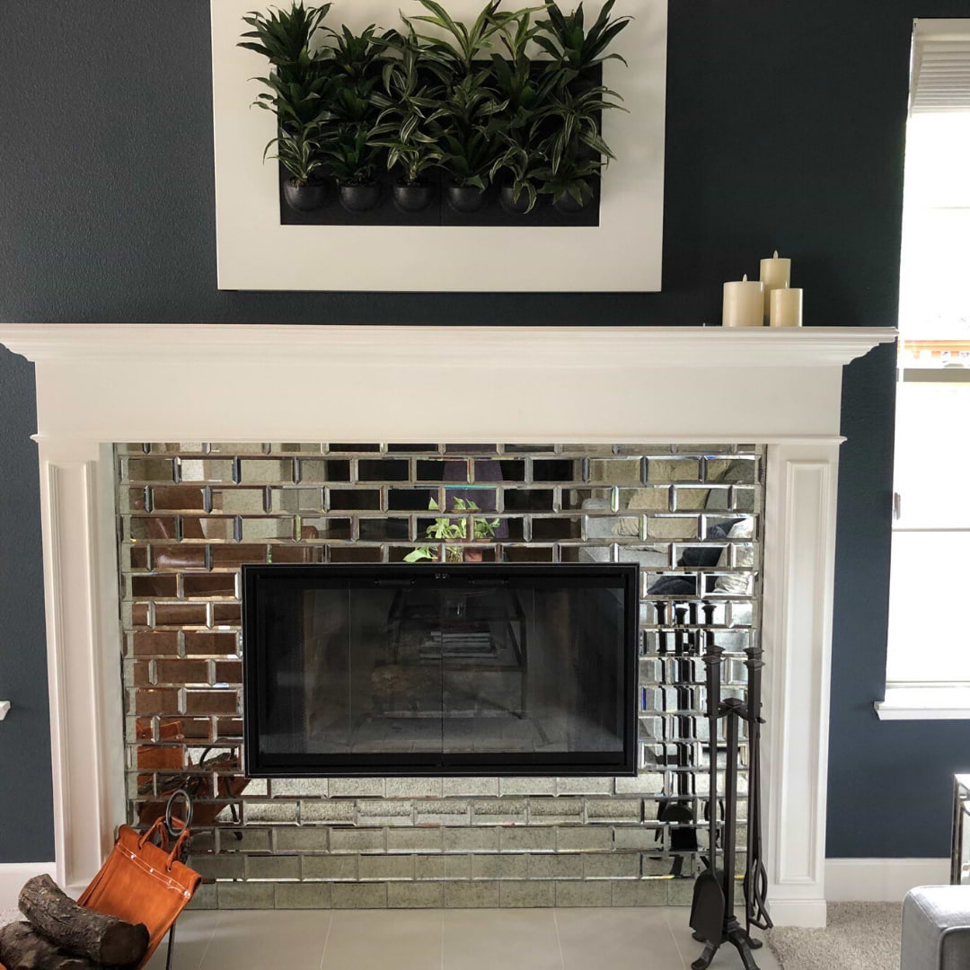 Reflection Revere Beveled Mirror Subway Tile for Wall example in fireplace