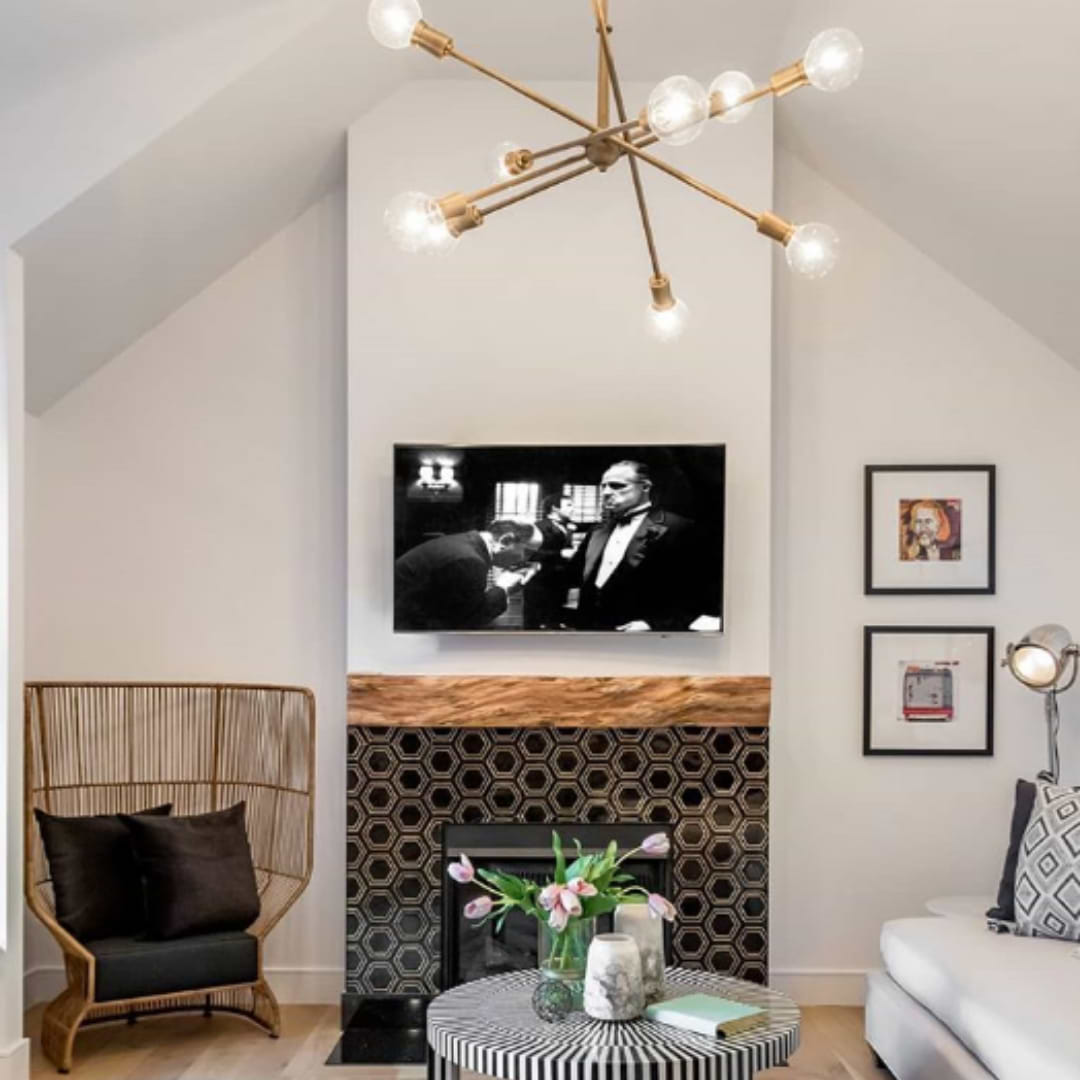 Upscale Living Room With Helix Black & Gold Marble Tile Fireplace 
