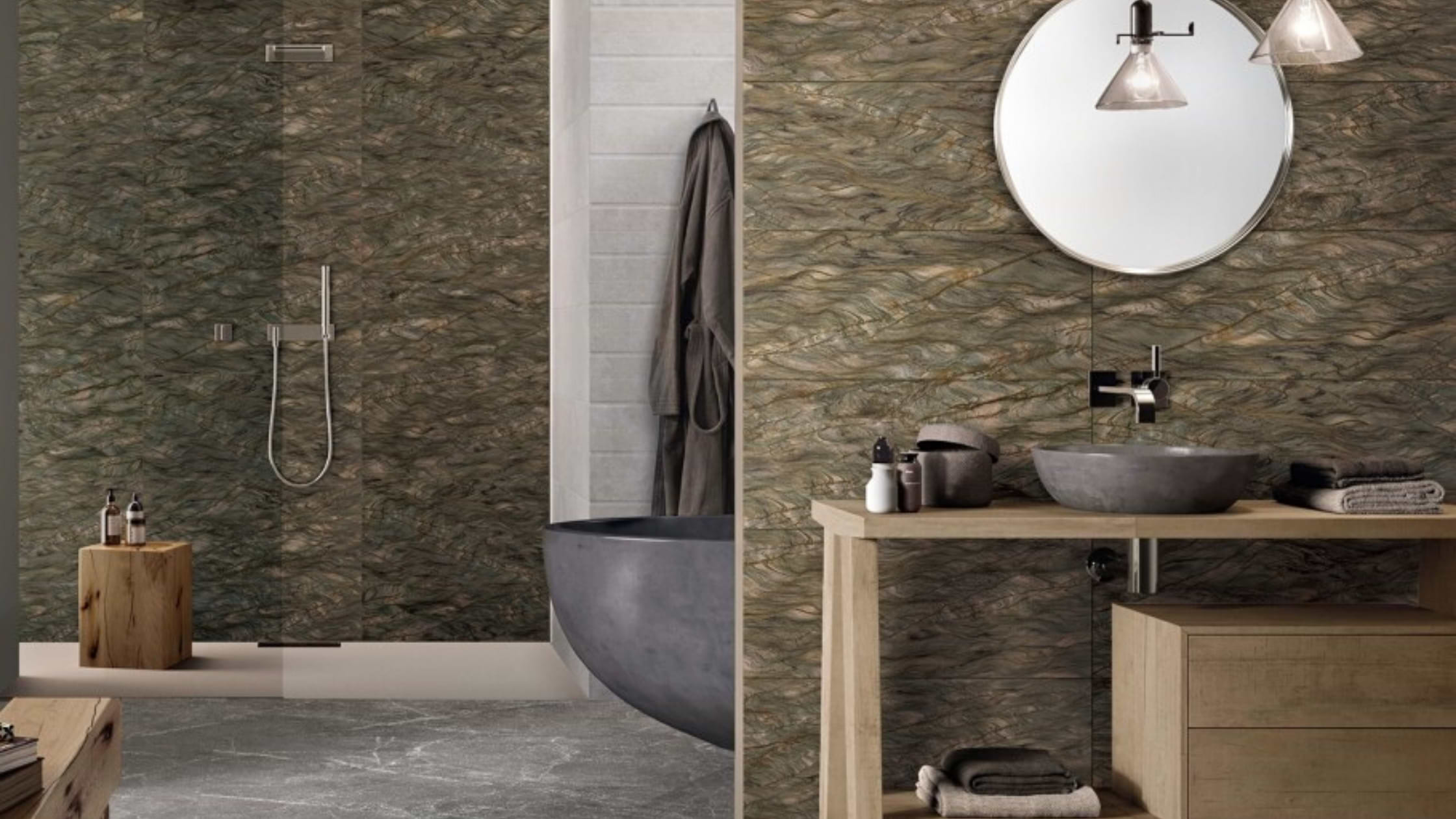 Eeros Ocean Grass Agate 24x36 Tile shown on the bathroom wall