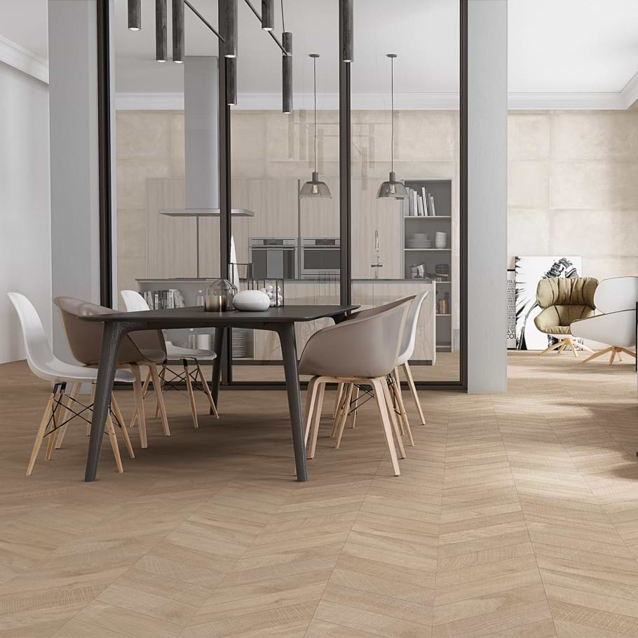 wood look tiles used in a dining room space on the floor