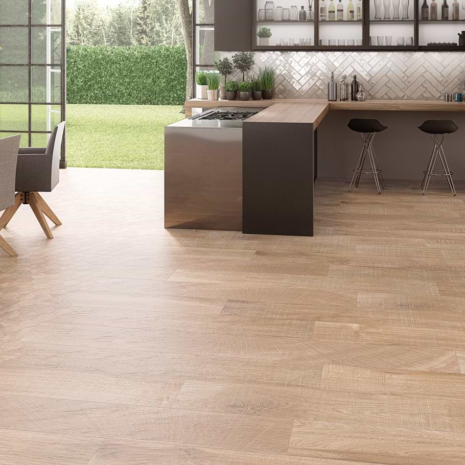 Kenridge Maple 8x48 Matte Porcelain Tile used on a open space kitchen / living room / diner floor 