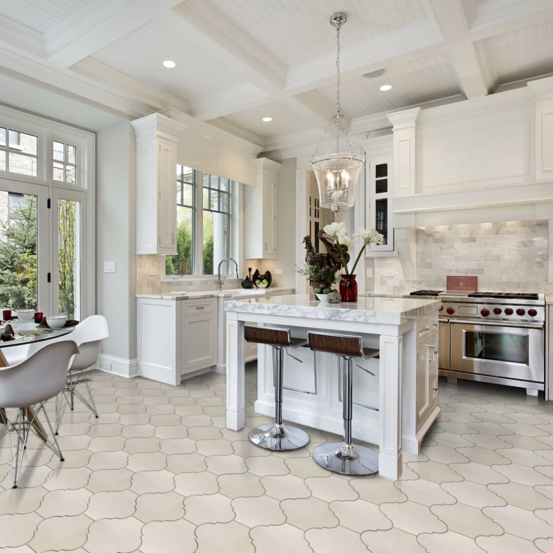 Cavallo Swiss Coffee Arabesque Porcelain Tile shown on the kitchen floor