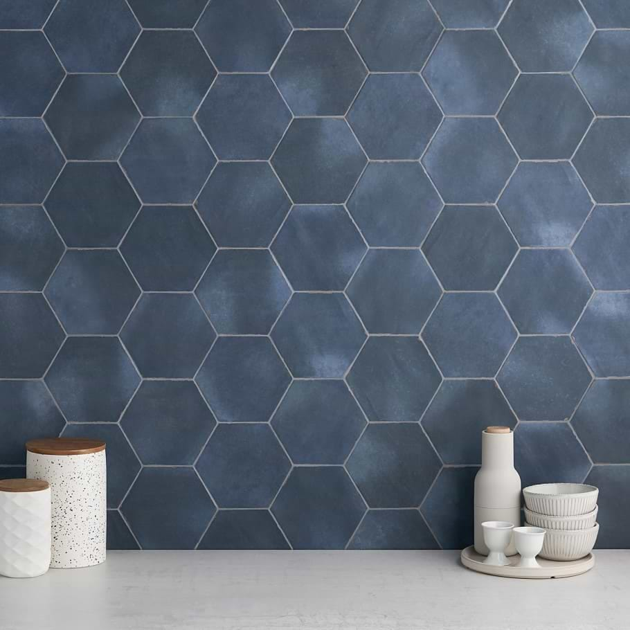 Sasha Hex Chiazza Marino 6" Matte Porcelain Hexagon Tile shown on the wall