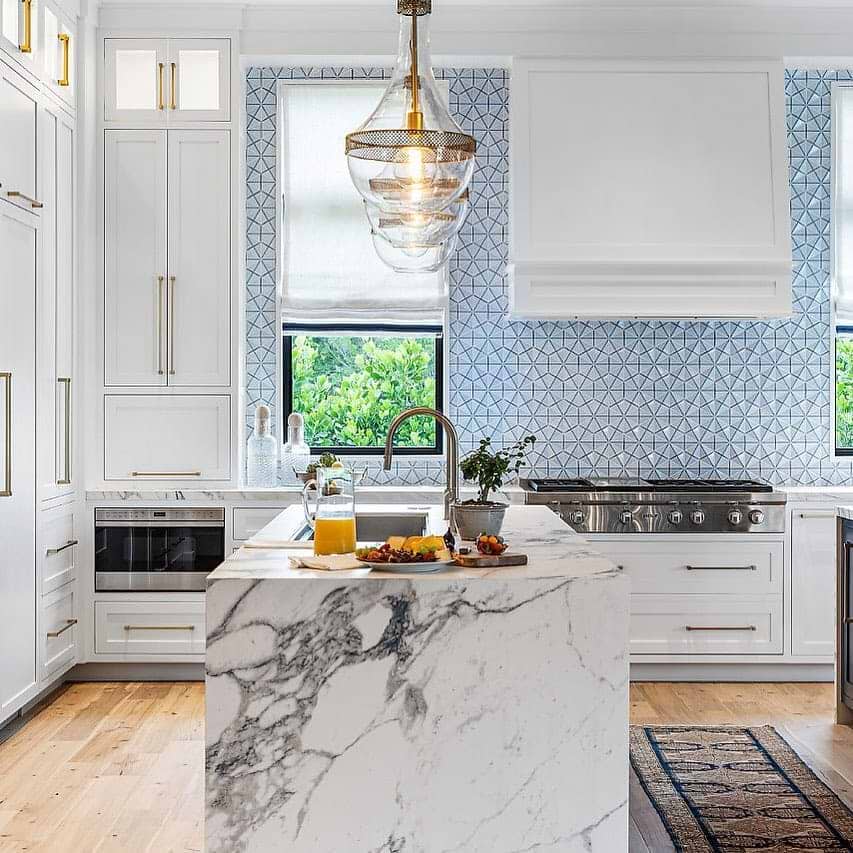 Lori Dennis Flores Azure Hex Ceramic Tile on kitchen wall and as backsplash for stove top
