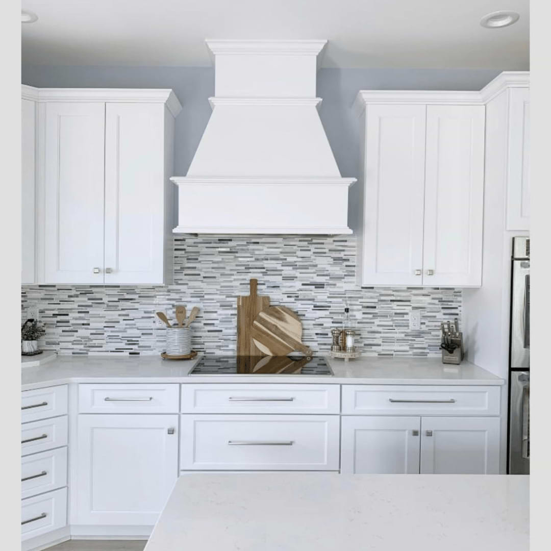 Cloudburst Free Form Cracked Joint Brick Marble Tile, Polished used as kitchen wall backsplash