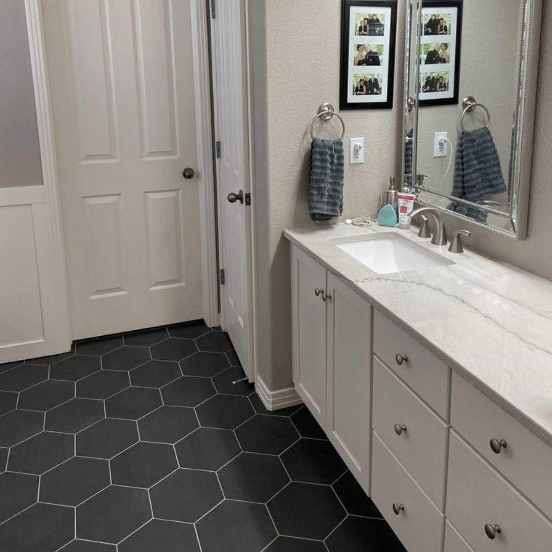 Paige Antracite 10" Hexagon Matte Cement Look Porcelain Tile black wall or floor tile bathroom use