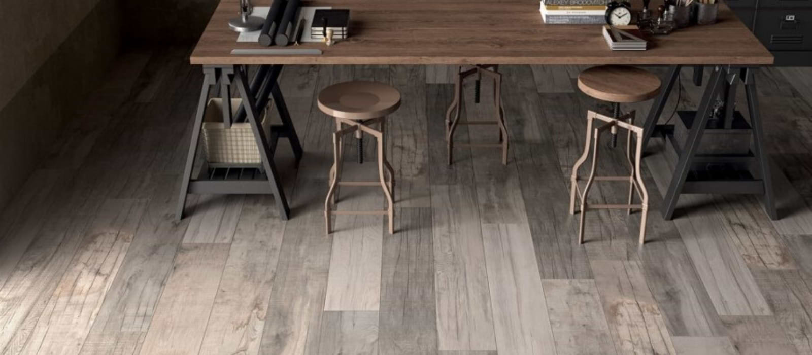 a rustic workspace with wood look porccelain