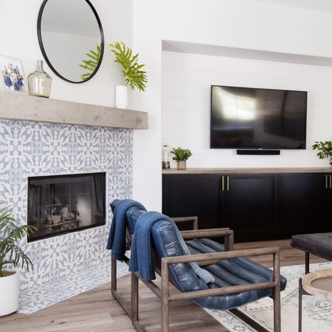 modern living room with patterned tile on fireplace