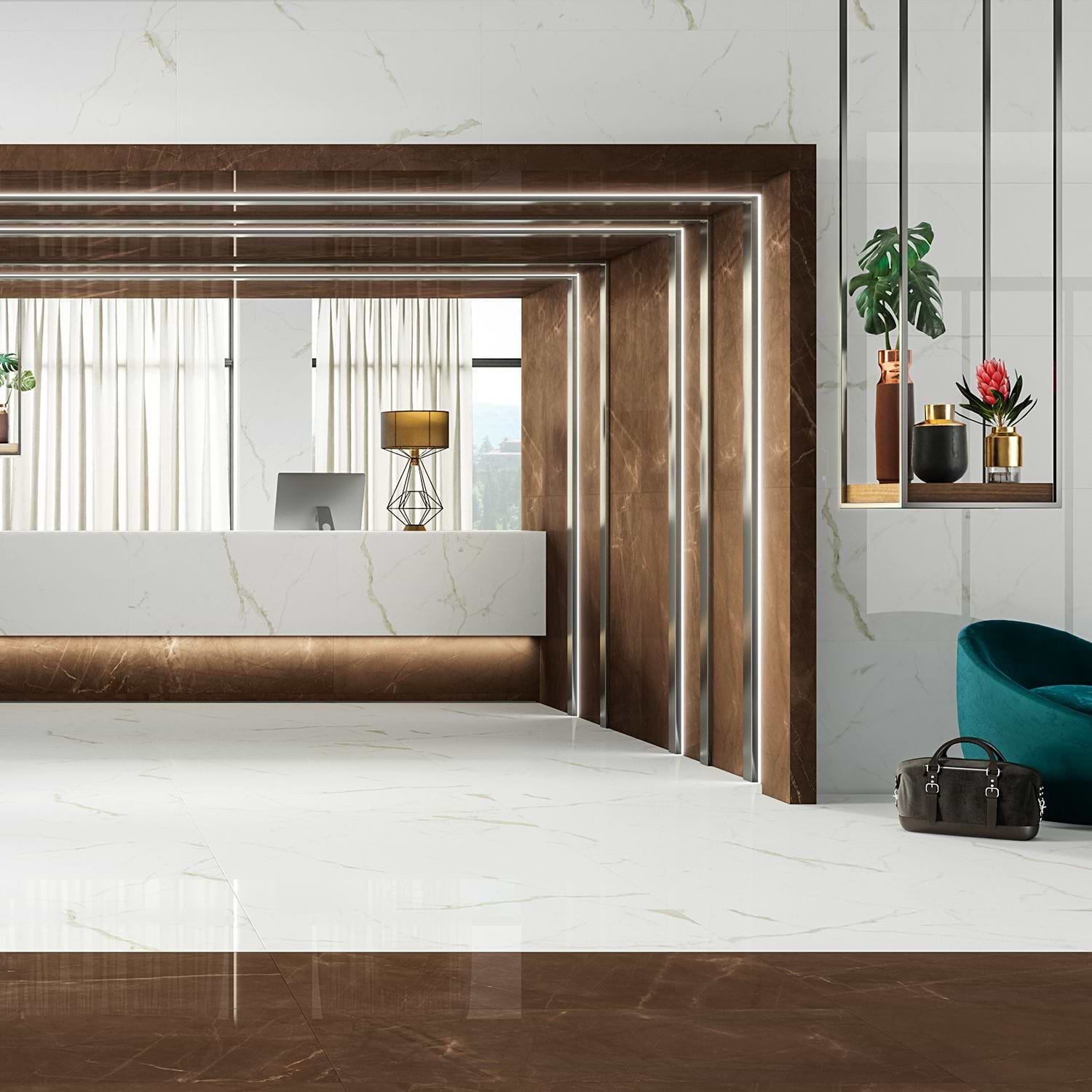 TileBarXL Marmi Slim White Calacatta 60x120 Polished Porcelain Slab used on hotel floor and wall in lobby