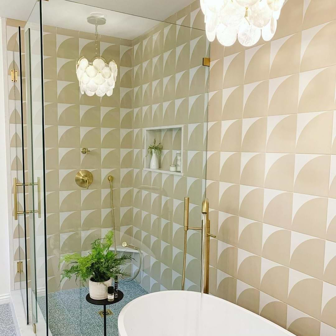 Stacy Garcia Maddox Deco Wheat Matte Porcelain Tile shown in shower as a wall tile