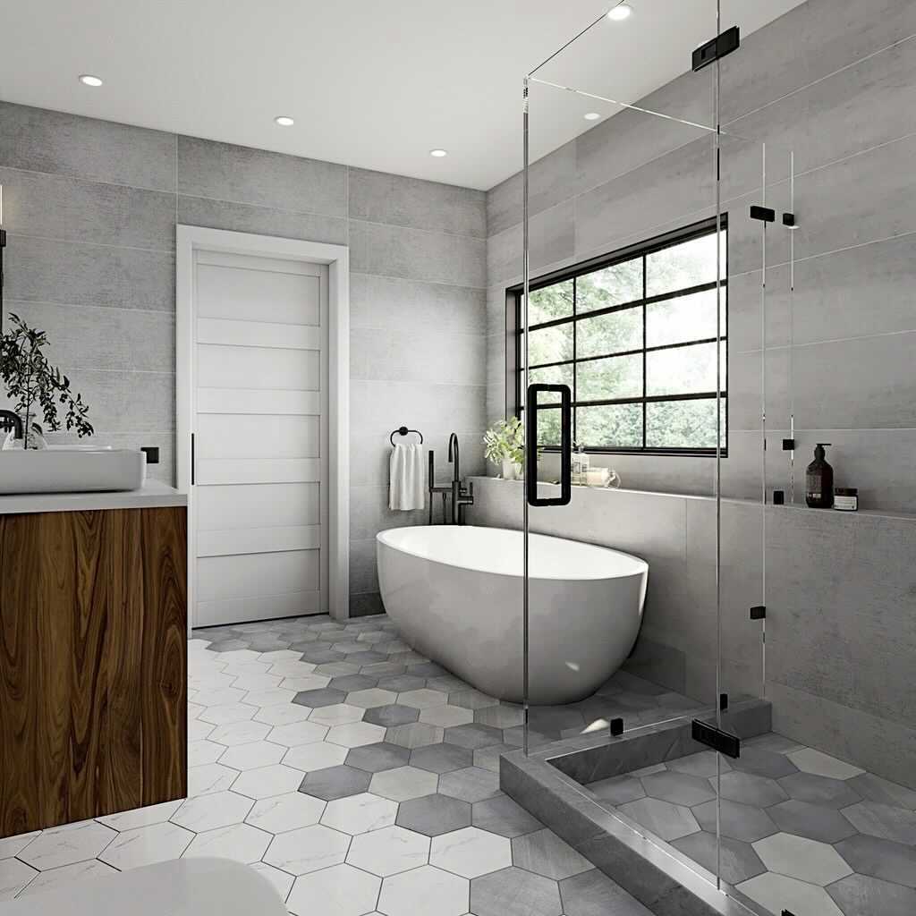 Paige Grigio 10" Porcelain Gray Hexagon Tile, Cement Look shown with Paige Avorio 10" Hexagon Matte Cement Look Porcelain Tile on bathroom floor to make a contrast