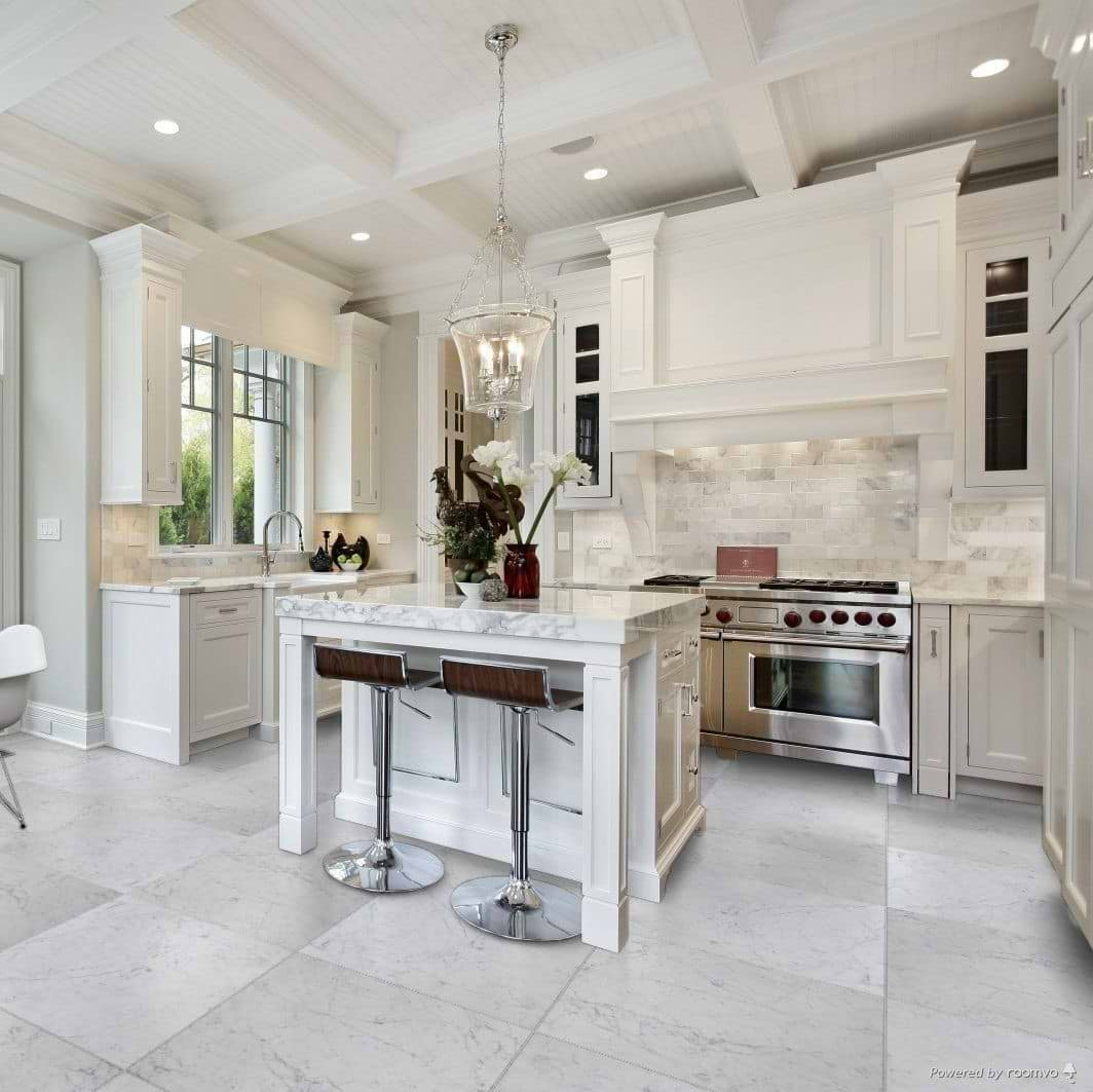 Marble Tech Bianco Gioia 24x24 Polished Porcelain Tile shown on kitchen floor