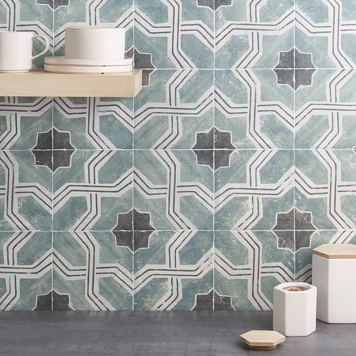 Alesso Deco Iberia Green 8x8 Matte Porcelain Tile in green and black