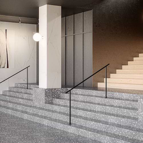 Terrazzo Italy Dolce Grande 24x24 Honed Marble Tile used on hotel lobby staircase 