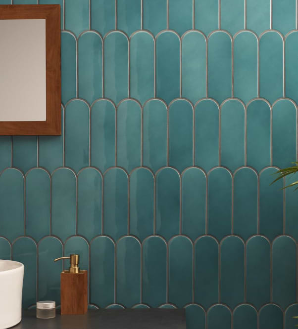 Parry Teal Blue 3x8 Fishscale Glossy Ceramic Wall Tile