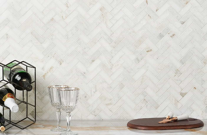 Alaska White 1x3" Herringbone Polished Marble Mosaic Tile
