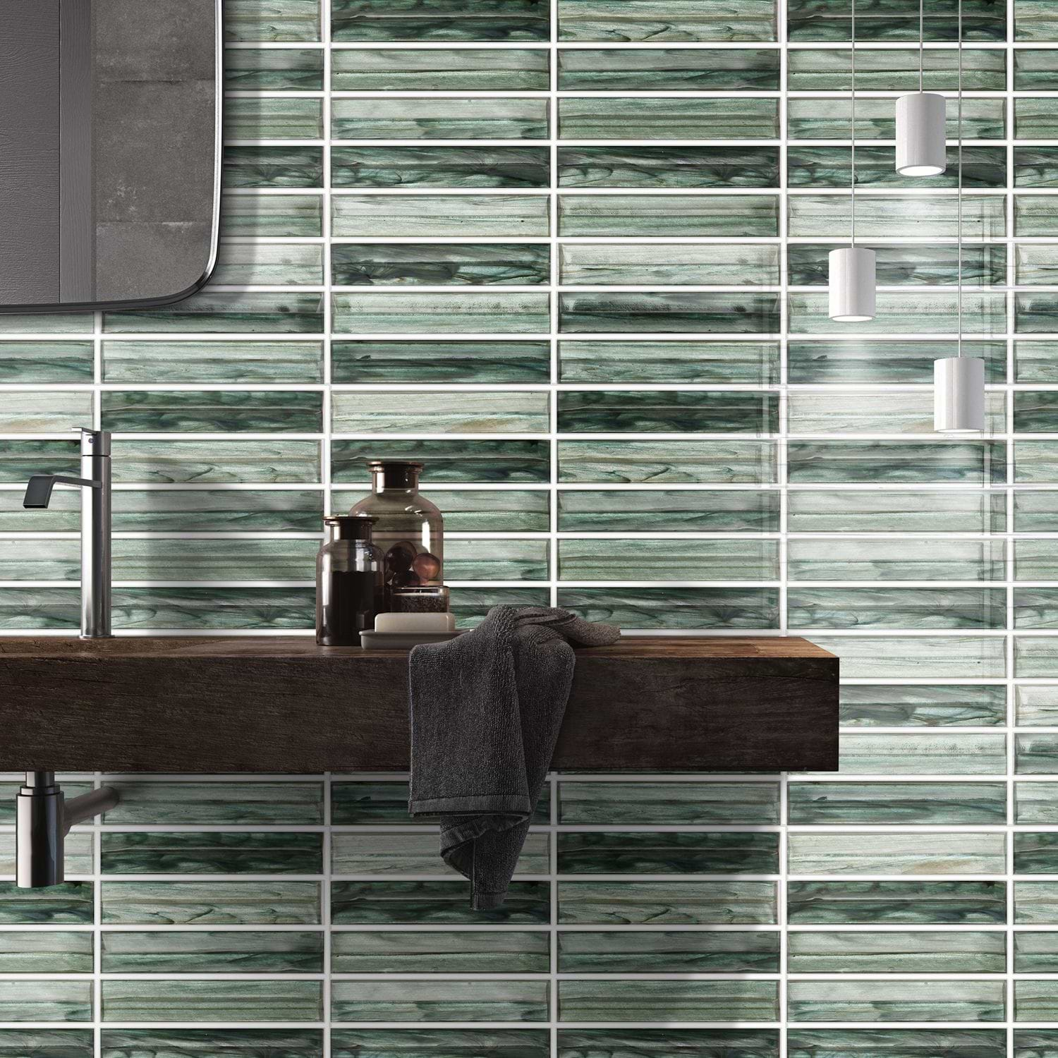 Maya Stacked Sage Green Polished Glass Mosaic Tile