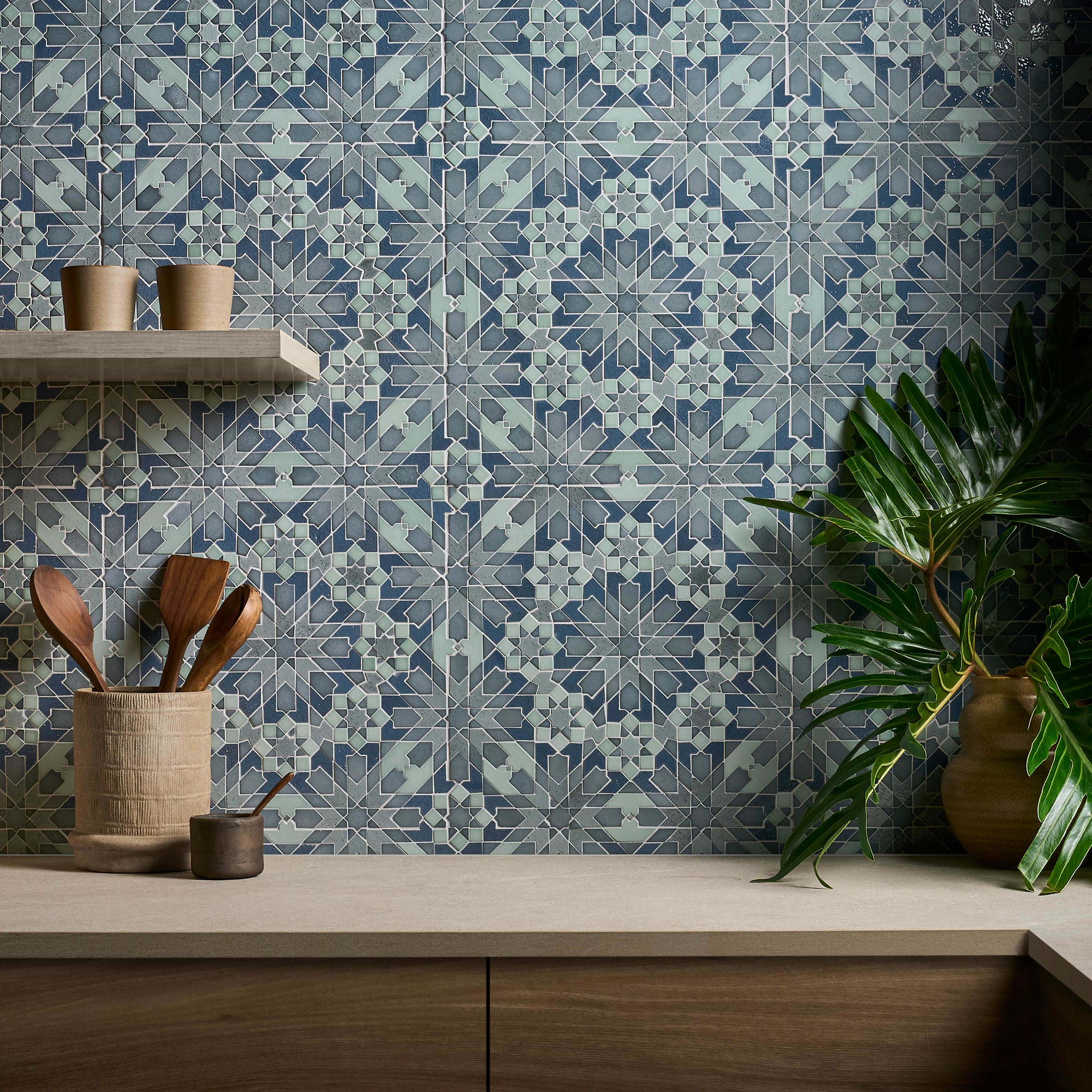 Mixed material backsplash tile

