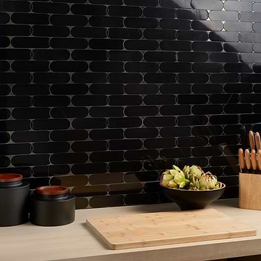 Norway Black Jade 2x6 Polished Marble and Lavastone Waterjet Mosaic Tile - Sample