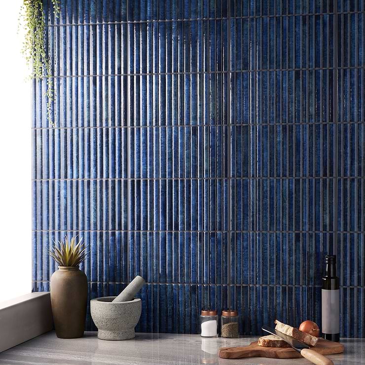 Curve Blue Fluted 6x12 3D Glossy Ceramic Tile; in Blue Red Body Ceramic; for Backsplash, Bathroom Wall, Kitchen Wall, Shower Wall, Wall Tile; in Style Ideas Industrial, Mid Century