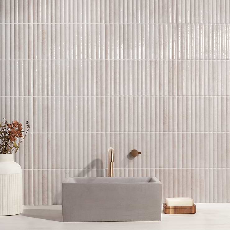 Curve White Fluted 6x12 3D Glossy Ceramic Tile; in White Red Body Ceramic; for Backsplash, Bathroom Wall, Kitchen Wall, Shower Wall, Wall Tile; in Style Ideas Industrial, Mid Century