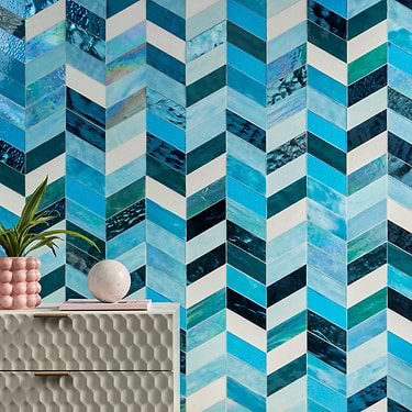 Meta Tulum Turquoise Blue 2x5 Chevron Glossy Glass Mosaic by Elizabeth Sutton