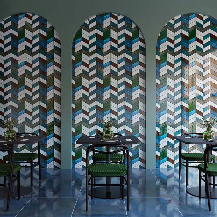 Elizabeth Sutton Meta Vermont Jade Green 2x5 Chevron Glossy Glass Mosaic Tile
